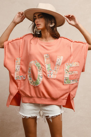 BiBi OVERSIZED Textured Top with Floral LOVE Letter Patched Front in Apricot