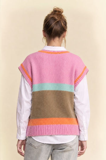 Davi & Dani Striped Colorblock Sweater Vest in Pink Taupe