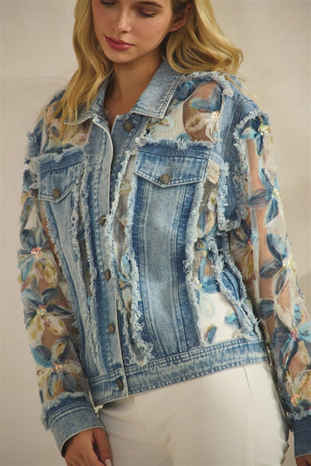Veveret Denim Jacket With Floral Organza Inset in Medium Wash