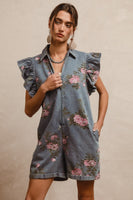 BiBi Washed Floral Print Zip Up Front Romper in Denim