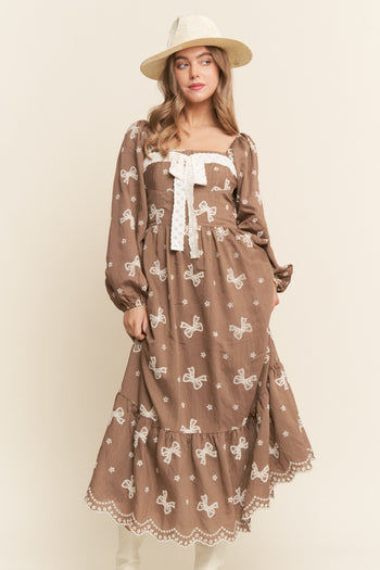 J.nna Flowers & Ribbon Bows Embroidered Maxi Dress in Mocha
