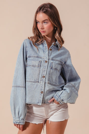 So Me Vintage Acid Washed Button Down Top in Denim
