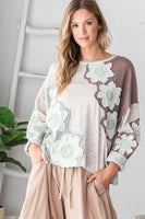Oli & Hali Contrasting Color Top with Eyelet Lace Flower Patches in Tan
