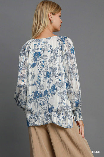 Umgee Lurex Floral Print Top in Blue