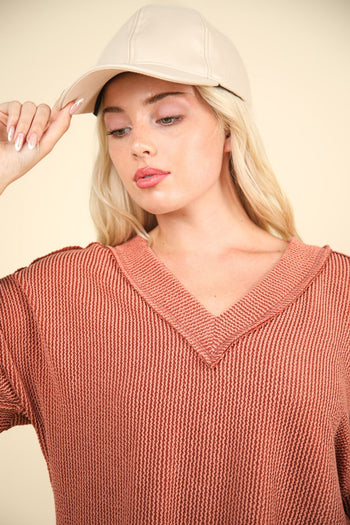 Very J OVERSIZED Two Toned Otto Ribbed Top in Cedarwood