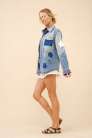 Blue B Distressed Denim Shirt with Star Print and Studded Details in Medium Wash