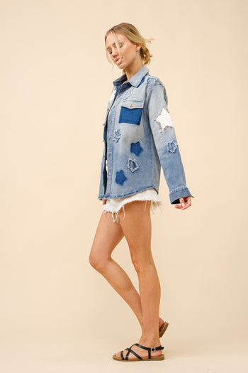 Blue B Distressed Denim Shirt with Star Print and Studded Details in Medium Wash
