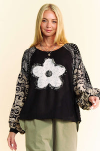 Davi & Davi Waffle Knit Top with Flower Patch Front in Black