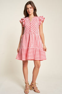 Davi & Dani Solid Geo Striped Button Front Dress in Pink Red Dresses Davi & Dani   