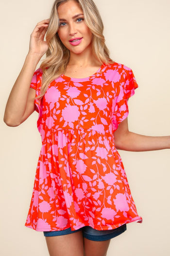 Haptics Floral Print Peplum Babydoll Top in Red/Pink FINAL SALE