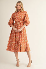 Load image into Gallery viewer, Jodifl Waist Tie Button Down Floral Midi Dress in Toffee
