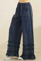 Mittoshop Mineral Washed Ruffle Trim Wide Leg Pants in New Blueberry