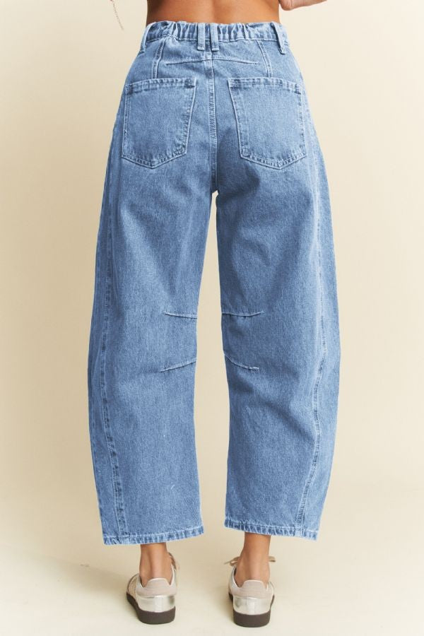 Davi & Dani Mid Rise Denim Barrell Jeans in Light Blue Denim