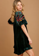 Umgee Velvet Mini Dress with Floral Embroidery in Hunter Green