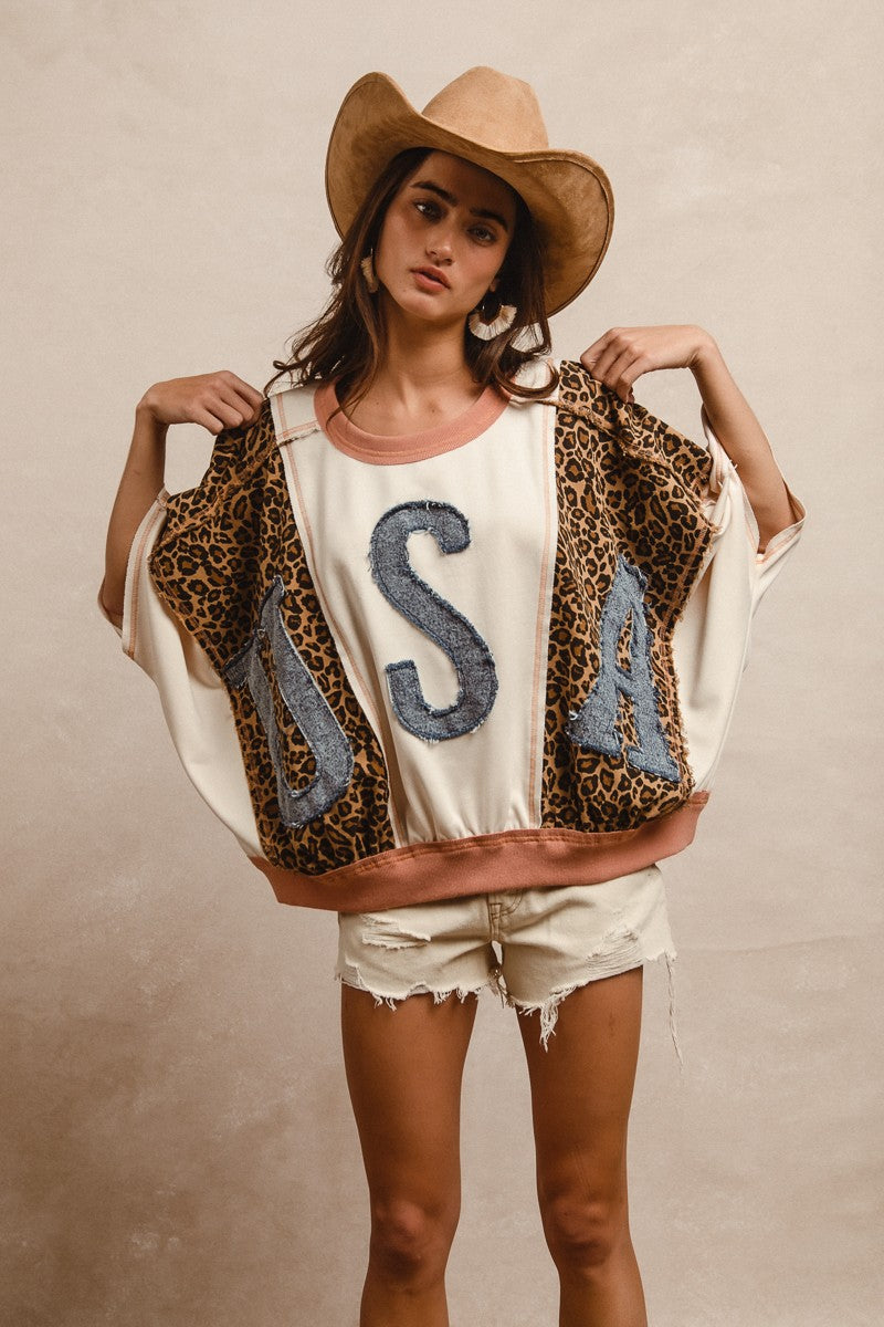 BiBi OVERSIZED Leopard and Solid Top with Denim USA Patch Front in