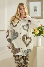 Load image into Gallery viewer, Oli &amp; Hali Mineral Washed OVESIZED Top with Mixed Plaid Heart Patches in Cream
