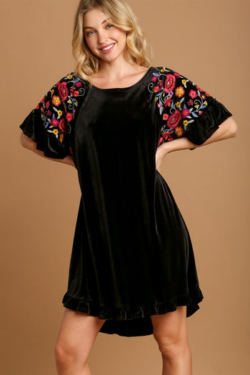 Umgee Velvet Mini Dress with Floral Embroidery in Black