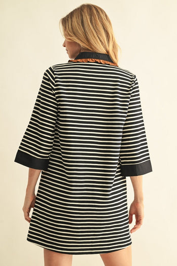 Jodifl Ruffle Accent Stripe Shift Dress in Taupe/Black