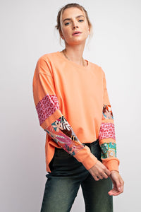 Easel Terry Knit Top with Mixed Print Sleeves in Fanta