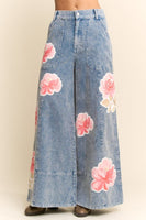 Davi & Dani Washed Corduroy Pants with Printed Flowers in Washed Blue