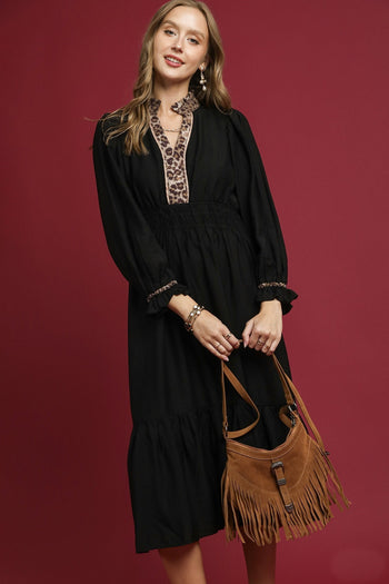 Umgee Leopard Trimmed Midi Dress in Black ON ORDER