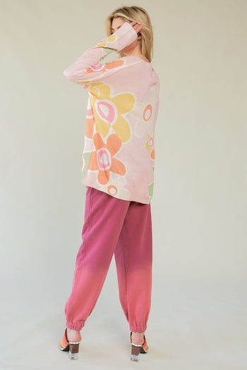 Davi & Dani Multi Color Flower Print Knit Top in Pink Multi