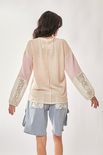 Davi & Dani Contrasting Fabric and Lace Top in Beige