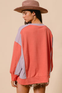 BiBi Color Block French Terry Top in Dark Coral/Lavender