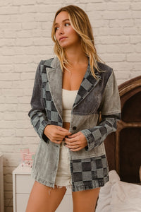 BiBi Corduroy and Denim Checkered Mixed Fabric Blazer Jacket in Denim Multi ON ORDER