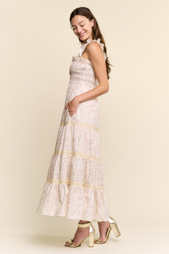 Davi & Dani Flower And Bunnies Print Maxi Dress in Mocha