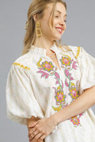 Umgee Boho Floral Print Top with Embroidery in Butter