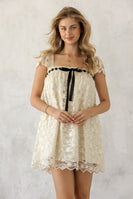 Storia Lace Contrast Ribbon Mini Dress in Cream/Black