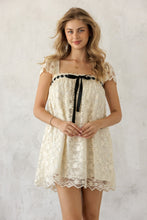 Load image into Gallery viewer, Storia Lace Contrast Ribbon Mini Dress in Cream/Black
