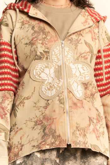 Davi & Dani Floral Denim and Knit Diamond Patchwork Jacket in Tan Multi