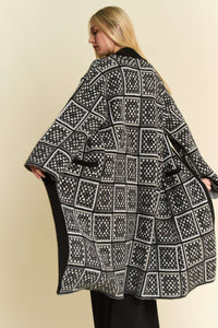 Davi & Dani Granny Square Open Front Long Cardigan in Black Multi