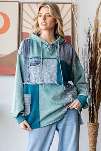 Oli & Hali Mixed Patchwork Hooded Top in Teal Blue