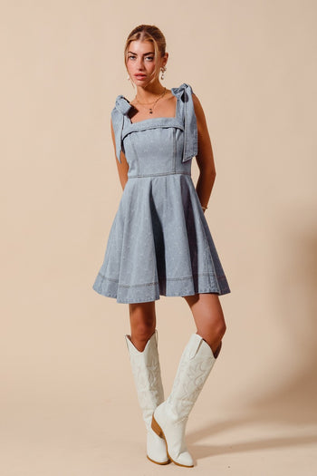 So Me A-Line Fit and Flare Mini Dress with Diamond and Bow Stitching in Light Denim S So Me A-Line Fit and Flare Mini Dress with Diamond and Bow Stitching in Light Denim S