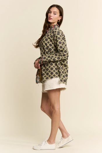 J.nna Mixed Pattern Button Down Top in Green Garden