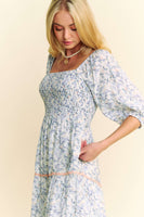 Davi & Dani Floral Print Midi Dress with Contrasting Ric Rac Trim in Blue