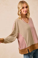 BiBi Thermal Knit Color Block Striped Top in Mocha/Marsala