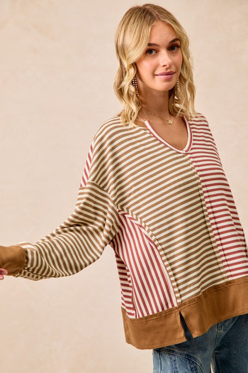 BiBi Thermal Knit Color Block Striped Top in Mocha/Marsala