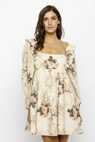 Storia Rose Print And Embossed Baby Doll Dress in Beige Floral