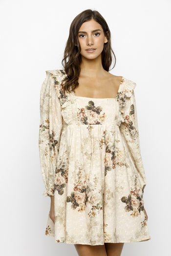 Storia Rose Print And Embossed Baby Doll Dress in Beige Floral