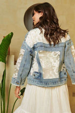 Load image into Gallery viewer, Davi &amp; Dani Distressed Denim and Lace Jacket in Light Denim
