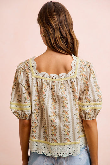 BiBi Floral Stripe Printed Lace Trim Detail Top in Cream