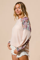 BiBi Thermal Knit Top with Color Block Patched Floral Print in Oatmeal