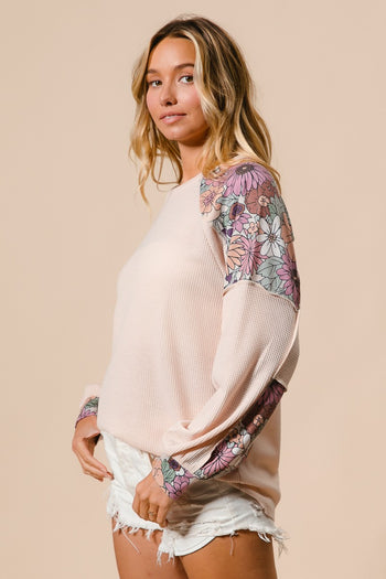 BiBi Thermal Knit Top with Color Block Patched Floral Print in Oatmeal