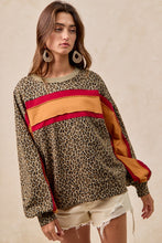 Load image into Gallery viewer, BiBi French Terry Leopard Print Top with Contrasting Color Block Stripes in Red/Pumpkin
