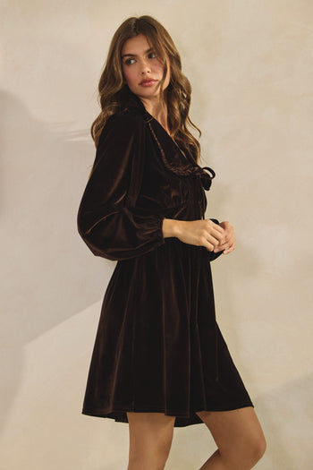 LovLov Luxe Velvet Button Down Mini Dress in Mocha