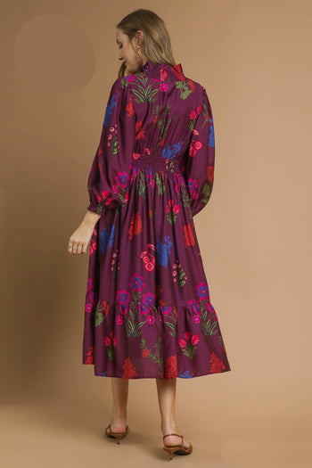 Umgee Mixed Floral Print Midi Dress in Burgundy Mix